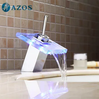 Bathroom Sink Faucets LED Light Square Chrome Polish Glass Waterfall Spout Deck Mount Single Handle Toilet Furniture MPPB034CB