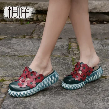 Xiangban 2017 flat platform slippers women genuine leather thick bottom casual women slipper high heels sandals