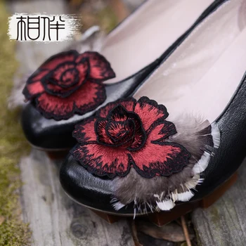 Pointed toe heels women pumps thick heel shoes handmade platform shoes women 2017 spring leather shoes ethnic style