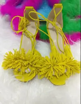 Newest 2017 Yellow Suede Leather Fringe Sandals High Heel Cut-out Ankle Lace-up Dress Shoes For Women Tassel Sandals