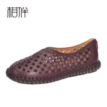 Xiangban soft soled flat women shoes retro style leisure slip on summer shoes female hollow folk style mother shoes