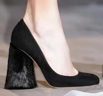 2017 Spring fashion high heel high thick heels square toe slip-on faux fur bling runway shoes women black nude catwalk shoes