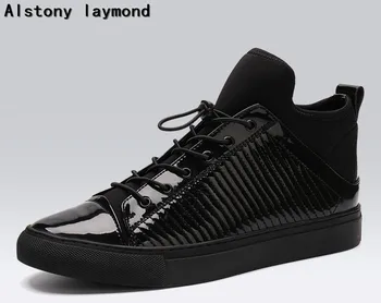 Patent leather high top man casual shoes black 2017 man shoes genuine leather man flats shoes 38-46