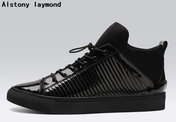 Patent leather high top man casual shoes black 2017 man shoes genuine leather man flats shoes 38-46