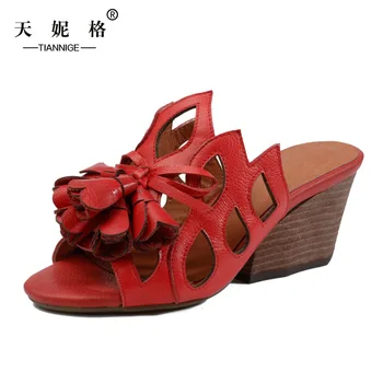 Fashion handmade leather female slippers tassel 2017 summer high heels cool slippers women hollow shoes red brown