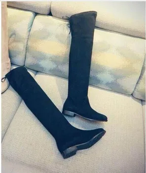 Women Fashion Round Toe Slim Style Over Knee Elastic Band Over Knee Boots Suede Leather Bandage Long Flat Boots