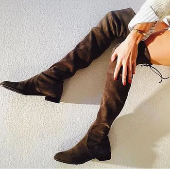 Women Fashion Round Toe Slim Style Over Knee Elastic Band Over Knee Boots Suede Leather Bandage Long Flat Boots
