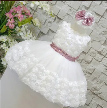 White/ivory sleeveless open back lace knee-length flower girl dress with sequin bow puffy ball gown tulle first communion gow