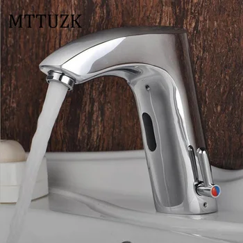 MTTUZK Brass Chrome Plate Bathroom Sensor Faucet Deck Mounted Automatic Water Saving Basin Mixer Tap DC6V Torneira