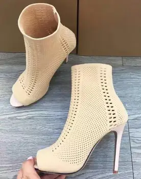 Stretch Knit Ankle Boots Women Pointed Toe Square High Heel Short Boots Fashion Socks Boots Gladiator Sandals Bootie