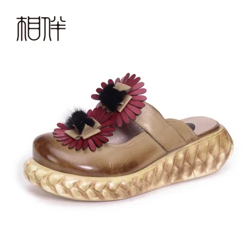 Xiangban Handmade Leather Summer Cool Slippers High Heeled Women Baotou Sandals Slides Platform Shoes 2017