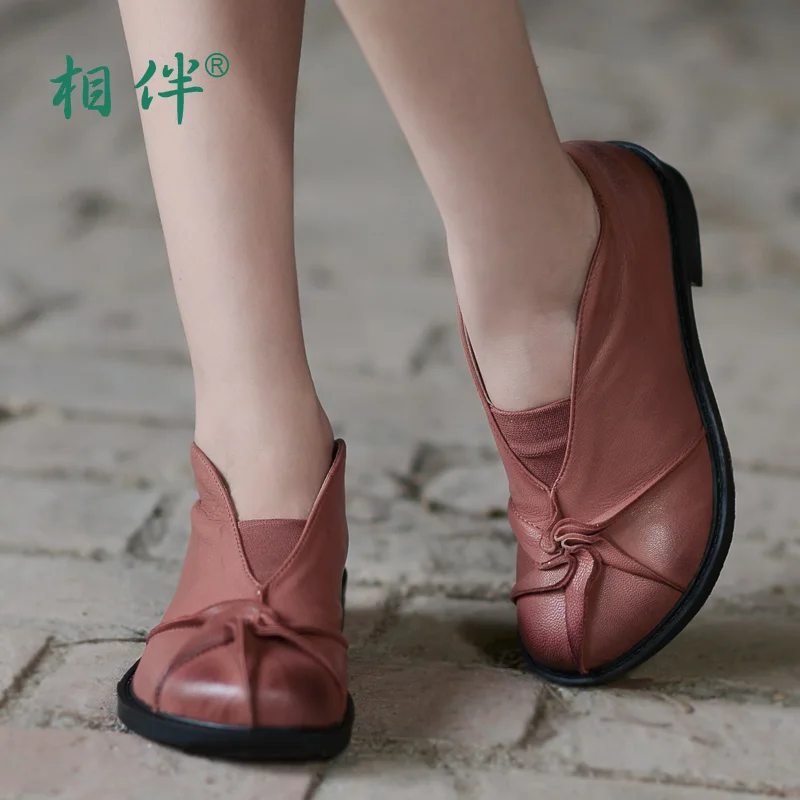 Xiangban handmade leather pumps ladies low heeled shoes casual middle-aged mother's shoes comfortable