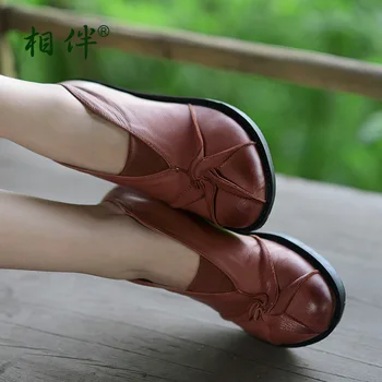 Xiangban handmade leather pumps ladies low heeled shoes casual middle-aged mother's shoes comfortable