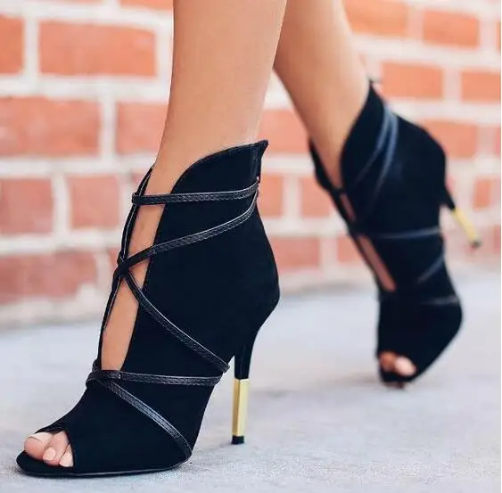 Gladiator Women Ankle Boots Open Toe High Heels Dress Wedding Shoes Woman Black Suede V-style Botines Mujer Strap