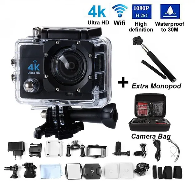 2016 Ultra HD 4K WIFI Helmet Cam 30M Waterproof Sport Camera16MP2.0 LCD 170 lens Diving action camera Add Monopid + Bag