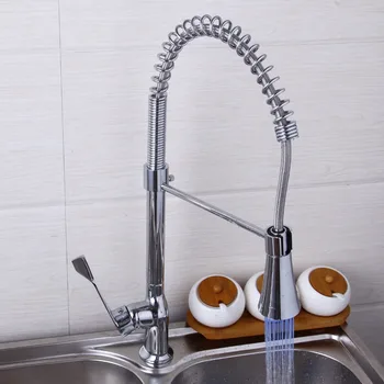 Contemporary Solid Brass Spring Kitchen Faucet Tap Mixer with Color Changing LED Light JN8088