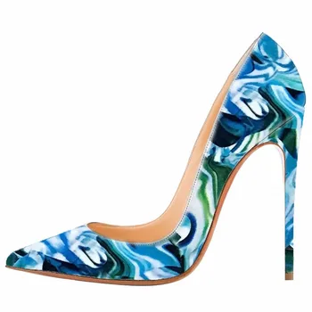 Women's Sexy Pointed Toe Pumps with Multicolor 12cm Stiletto Slip On Marble Pattern High Heel Dress Shoes Handmade US5-13