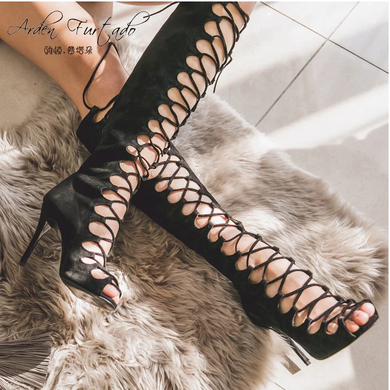 2017 summer boots over the knee high boot peep toe high heels sexy gladiator sandals women handmade Celebrity shoes lace up new