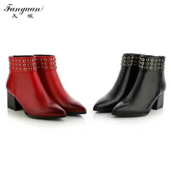 High Square Heel Back Zipper with Rivets Real Full Grain Leather Solid Ankle Woman Boots Motor Styling Pointed Toe Shoes