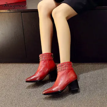 High Square Heel Back Zipper with Rivets Real Full Grain Leather Solid Ankle Woman Boots Motor Styling Pointed Toe Shoes