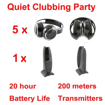 Silent Disco complete system black folding wireless headphones - Quiet Clubbing Party Bundle (5 Headphones + 1 Transmitter)