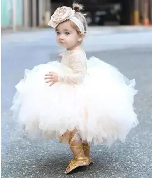 Baby Infant Toddler Birthday flower girl dress long sleeve lace tutu dress ivory baby girls gown Custom