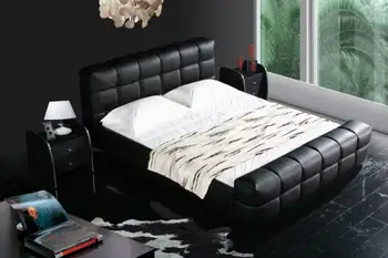 Black color real genuine leather bed / soft bed/double bed king size bedroom home furniture modern+ 2 night stand
