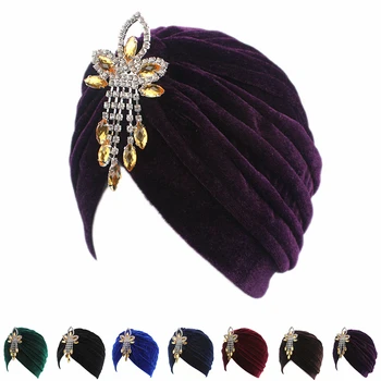 Women Lady Chemo Velvet Turban Cap Hat Rhinestone Pendant Head Cover Cap