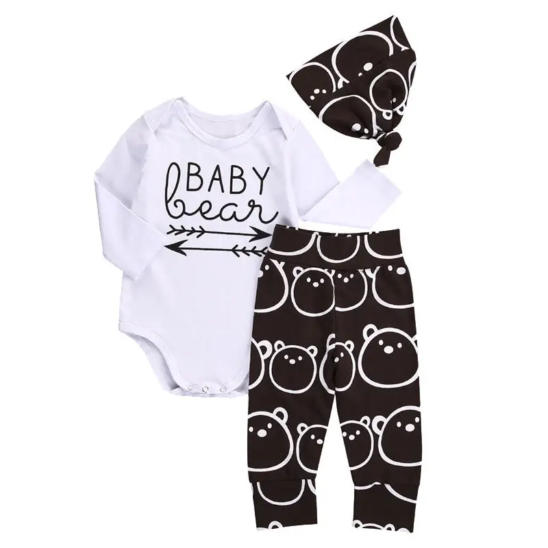 Bodysuits Long Sleeve + Long Pants Hat 3pcs Clothing Outfits Set Baby Boy Newborn Baby Girls Boys Clothes Bear Tops