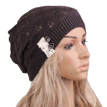 Fashion Spring Women Knitting Beanie Skullies Hat Casual Hollow Out Leaves Lace Button Wool Cap Female Baggy Warm Hat