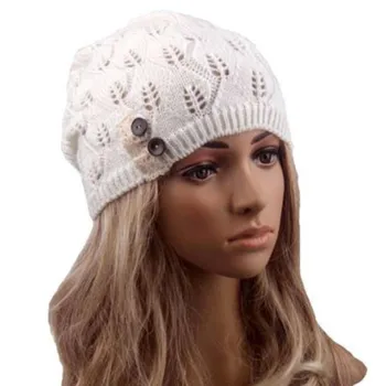 Fashion Spring Women Knitting Beanie Skullies Hat Casual Hollow Out Leaves Lace Button Wool Cap Female Baggy Warm Hat
