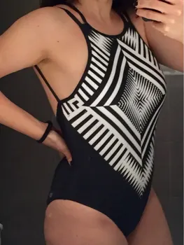 New Black Geometry ancient swimsuit women high cut one piece swimwear sexy monokini bathing suit back cross maillot de bain
