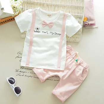 New Summer 1-4Y Baby Kids Boys Short Sleeve T-shirt Tops With Tie + Short Plaid Pants 2pcs Sets