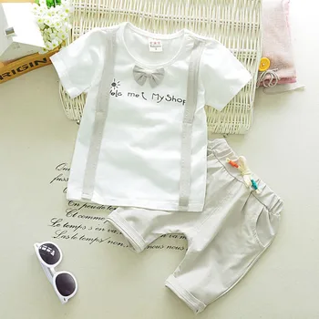 New Summer 1-4Y Baby Kids Boys Short Sleeve T-shirt Tops With Tie + Short Plaid Pants 2pcs Sets
