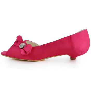 Woman shoes Hot Pink Low Heels CC60 Peep Toe Size12 Rhinestone Bow Satin Bride Bridesmaid Evening Prom Wedding Shoes