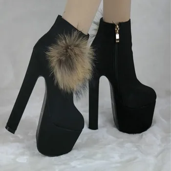 16cm new autumn and winter genuine fox fur boots vintage boots rough with the influx of high-heeled women's shoes boots