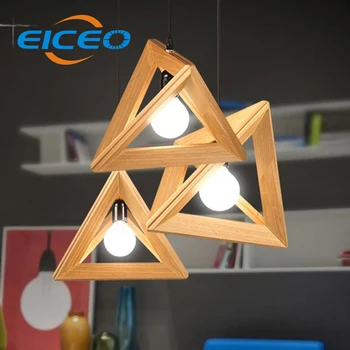 EICEO) Hotel Cafe Wood LED Chandelier Living Room Bedroom Den Lighting Atmosphere Creative Triangle Wood Pendant Lamp 24cm