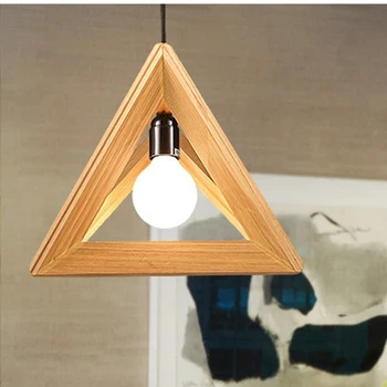 EICEO) Hotel Cafe Wood LED Chandelier Living Room Bedroom Den Lighting Atmosphere Creative Triangle Wood Pendant Lamp 24cm