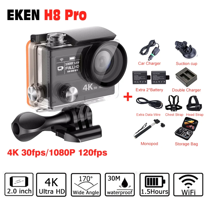 Original Eken H8 PRO Ultra HD action camera 4K /30fps 1080p/120fps wifi Ambarella A12 2.0 Go waterproof mini cam pro h8pro yi 2