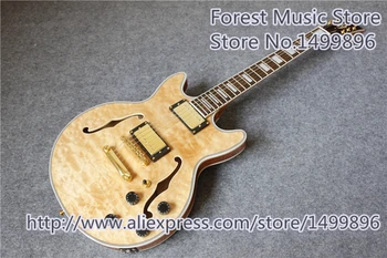 Nature Wood Quilted Finish Hollow Maple Body ES Electric Guitars With Gold Hardwares