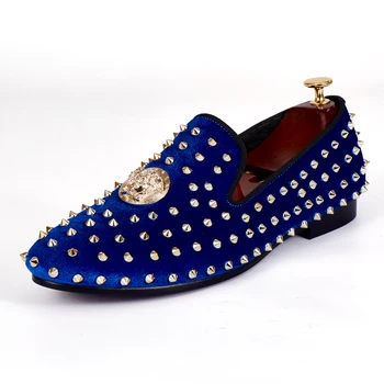 Harpelunde Men Dress Shoes Blue Velvet Loafers Spikes Handmade Buckle Flat Shoes Size 7-14