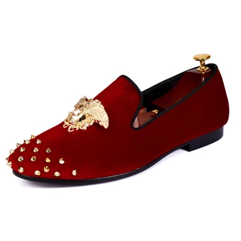 Harpelunde Men Spikes Shoes Medusa Buckle Wedding Shoes Red Velvet Loafers Size 7-14