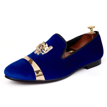 Harpelunde Men Flats Dress Shoes Blue Velvet Loafers With Animal Buckle Size 7-14