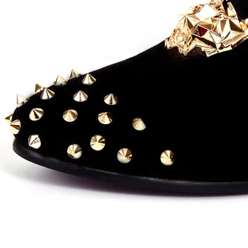 Harpelunde Men Wedding Shoes Slip On Spikes Black Velvet Loafer Animal Buckle Flats Size 7-14