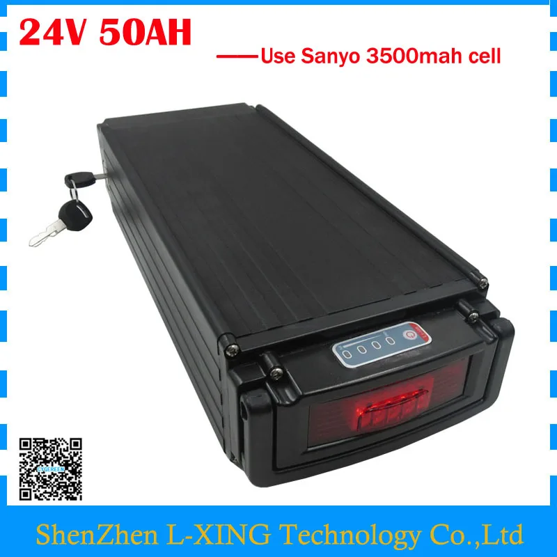 1000W e bike battery 24v 50ah lithium battery 24V 50AH rear rack battery with tail light use Sanyo 3500mah cell 50A BMS