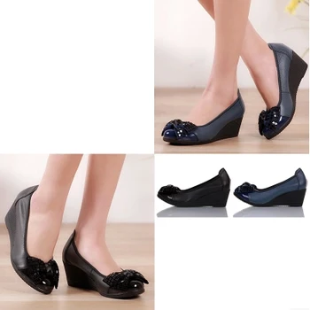 2017 Genuine Leather Women Casual Shoes Comfortable Women Pumps High Heels Ladies Wedge Shoes Bowknot