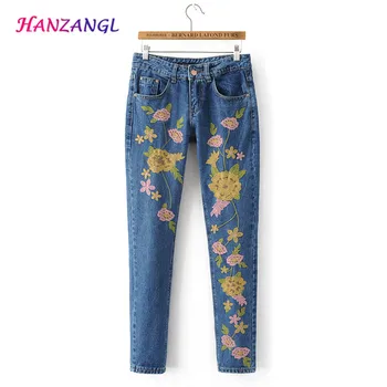 HANZANGL Embroidered Denim Jeans Women American Apparel Mid Waist Jeans Leisure Flower Embroidery Jeans Harem Pants