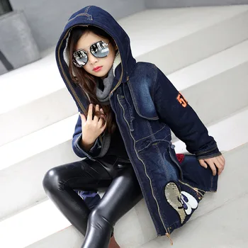 2017 girls brand new spring fashion casual cartoon girls sequin denim jacket kids coat thickness long coat for teenager 10-13 Y