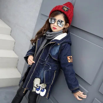 2017 girls brand new spring fashion casual cartoon girls sequin denim jacket kids coat thickness long coat for teenager 10-13 Y