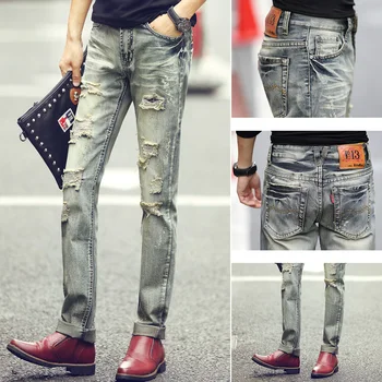 Fashion Young Boy Denim Pants Casual Elastic Men Vintage Cowboy Pants England Style Hole Vintage Jeans Pants
